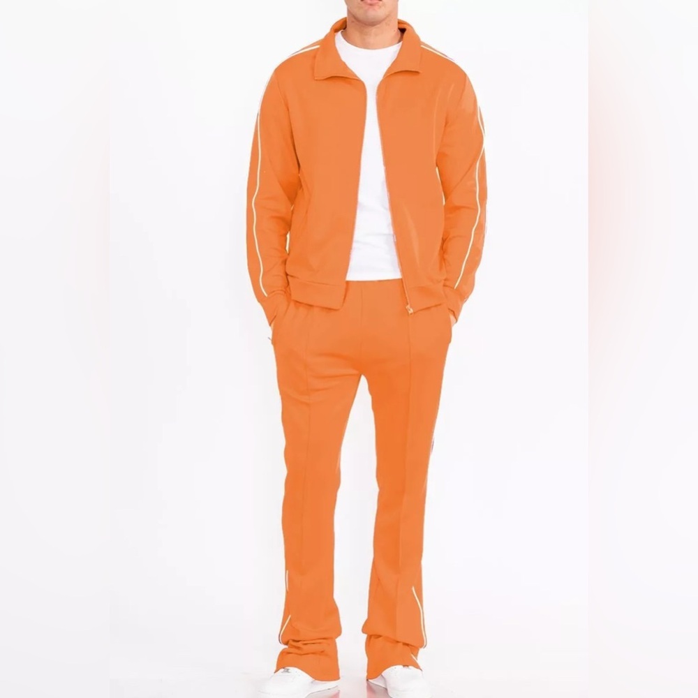 EUC [WEIV] Flared Stacked Track Suit Zip-Up Jacket & Pants Orange/White Mens S